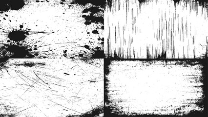 Black Grunge Dust Texture with Scratches on White Background. Set of Four Vector Illustrations.