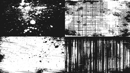 Black Grunge Dust Texture with Scratches on White Background. Set of Four Vector Illustrations.
