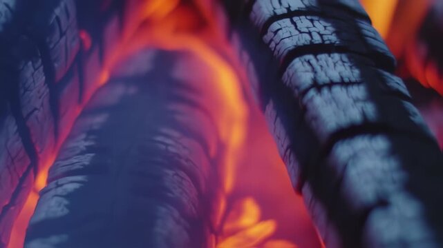 Charred wood logs ablaze in a fire