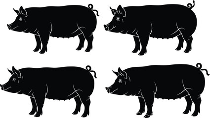 Pig silhouette, black pig icon, farm animal graphic, livestock symbol, vector pig design, stylized pig, curled tail, profile view