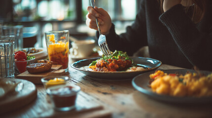 Person eating a meal with a fork at a restaurant with multiple dishes on the wooden table