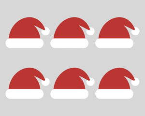 Six festive red and white Santa hats arranged in a symmetrical pattern on a plain light gray backdrop, perfect for holiday designs