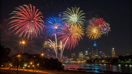 Vibrant fireworks bursts dazzle the festive evening across a city skyline and waterfront celebration."