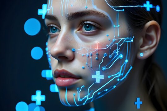 Artificial intelligence interface concept with futuristic technology and human face scan