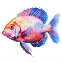 Fototapeta premium The illustration shows a single fish with bright pink, orange, yellow, and blue watercolor scales and fins against a white background.
