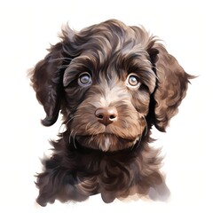 This watercolor-style illustration shows a young dog with dark brown fur, large eyes, and a small nose.