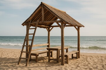 Fototapeta premium Wooden gazebo on a sandy beach by ocean waves