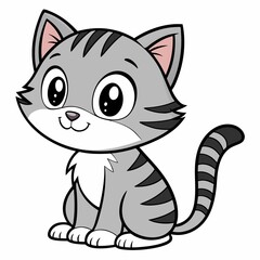 Cute Gray Striped Tabby Cat Cartoon Character with Big Eyes and a Sweet Smile, Sitting Comfortably on the Floor