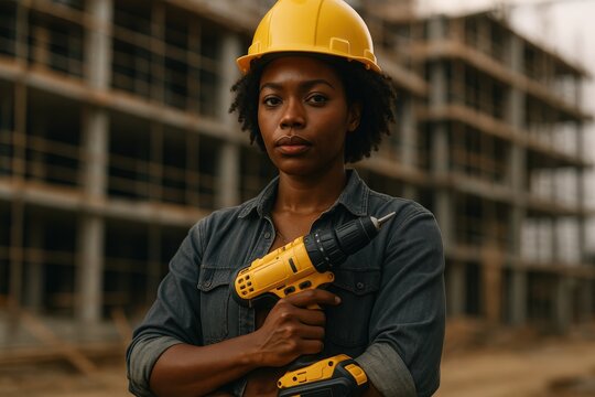 Black woman construction worker holding power drill on site