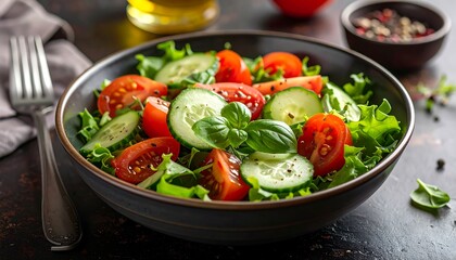 Fresh salad bowl with mixed greens, cucumber, and tomatoes
