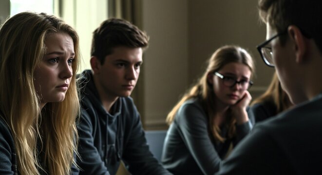 Upset blonde woman looking to the side during a group therapy. Teenage boy and girl listening to a speaker. Social issue and support concept.