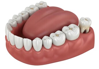 Anatomical model showcasing human teeth and tongue in a dental presentation on white background