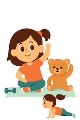 cute girl doing exercise with teddybear