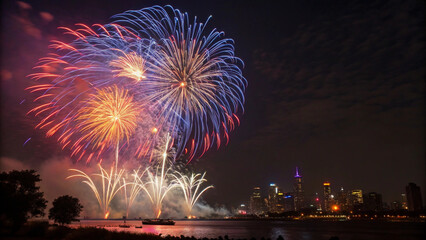 Exciting fireworks display marks the festive evening over a city skyline and waterfront setting."