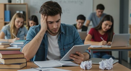 Male student uses tablet with concerned expression in a classroom setting. Education stress concept for college or university life.