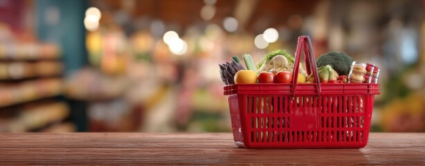 The red basket filled with fresh fruits and vegetables in a market setting.