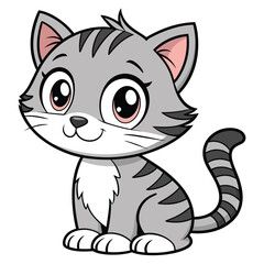Adorable Striped Cartoon Cat with Big Eyes, Whiskers, and Tail Sitting Down, A Charming and Playful Feline Character Illustration