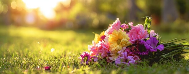 The vibrant bouquet of colorful flowers resting on the green grass.