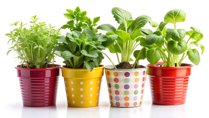 Fresh vegetable plants in decorative colorful pots on white background