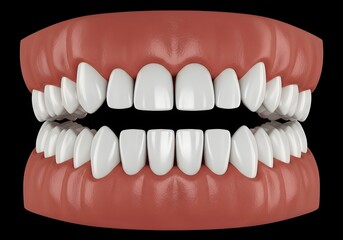 Obraz premium Close up view of a set of teeth with pink gums on a black background showing dental anatomy model