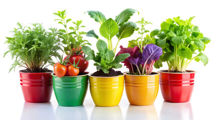 Fresh vegetable plants in decorative colorful pots on white background
