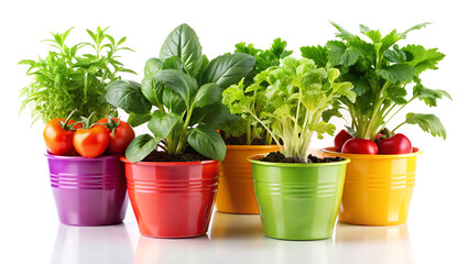 Fresh vegetable plants in decorative colorful pots on white background