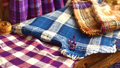 Plaid fabrics layered on rustic wooden surface