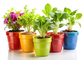 Fresh vegetable plants in decorative colorful pots on white background