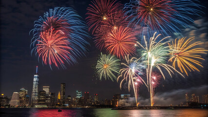 Dynamic fireworks bursts brighten the festive evening against a city skyline and waterfront scene."