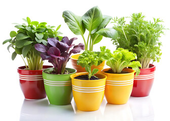 Fresh vegetable plants in decorative colorful pots on white background