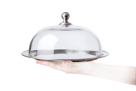 Hand holding silver serving platter with glass cloche, isolated on white transparent background - Powered by Adobe