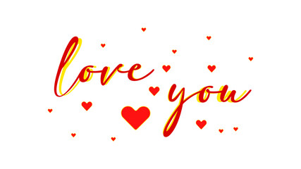 Love You script with hearts ,Red and yellow text with hearts,  calligraphy with floating hearts , Valentine's Day  message.