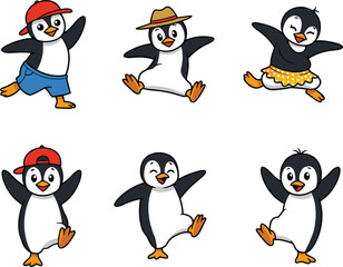 Cartoon penguins dancing and posing, playful animal illustration, colorful outfits, vector art, fun characters, entertainment scene, joyful movement, creative design, celebration concept