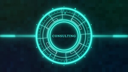 Futuristic technology interface with consulting text in center, glowing neon blue circle and line on dark background, modern digital concept - Powered by Adobe