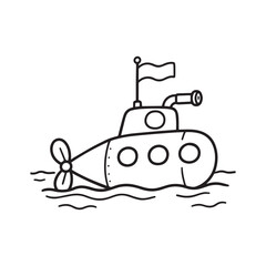 Classic Submarine Line Art Illustration with Periscope, Portholes, Flag and Propeller. 