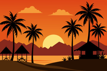Tropical beach sunset with palm trees and huts overlooking the ocean