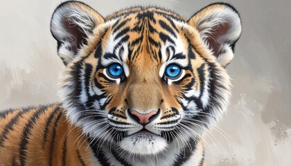 Fototapeta premium Digital art of a tiger cub with striking blue eyes