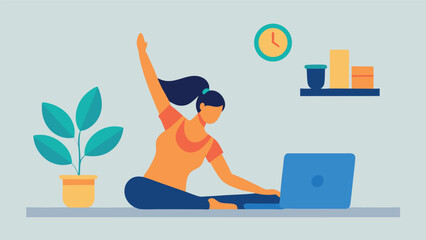 Obraz premium a-woman-stretches-at-her-desk-in-a-sunlit-room--he (1).eps