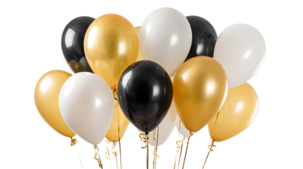 Bunch of black, gold, and white balloons isolated on transparent background