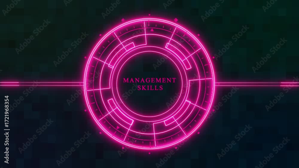 Wall mural futuristic interface with management skills text in the center, surrounded by glowing circles and li