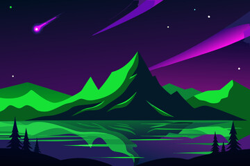 Vibrant green aurora borealis reflects on calm lake with mountains and shooting stars