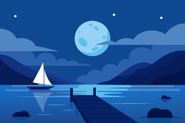 Serene night scene with a sailboat on a calm lake under a full moon