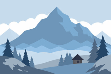 Serene winter mountain landscape with a small cabin and evergreen trees