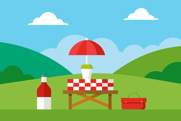 Flat design picnic scene with checkered tablecloth bottle umbrella and basket