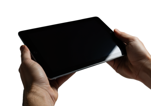 Adult hands with ultra-detailed skin gripping a sleek, modern black tablet horizontally, isolated on a transparent background. Concept of human connection to technology.