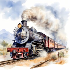 Naklejka premium A classic locomotive pulls a long line of passenger cars across a landscape featuring mountains and sparse vegetation, billowing steam visible.