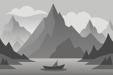 Serene mountain landscape with a lone boat on a calm lake