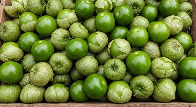 Pile of green tomatillos in a wooden crate