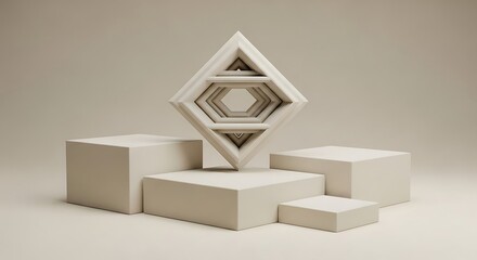 Abstract geometric arrangement of minimalist pedestals and a nested diamond shape in a neutral studio setting