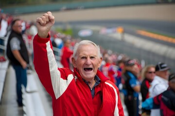 Excited race fan cheering with fist raised at a motor sports event with crowd behind him